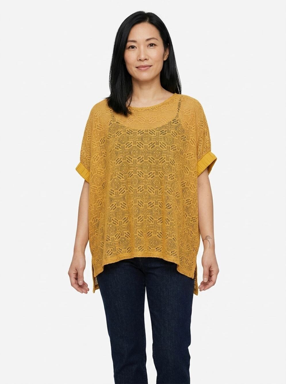 Akemi + Kin Yellow Crochet Open Knit Dolman Sleeve Top Women Size XS/S